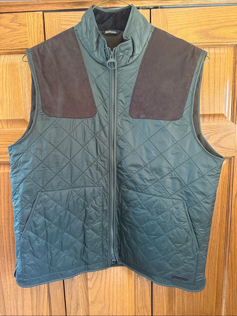 Barbour Teal Quilted Vest with Brown Suede Shoulders-Large